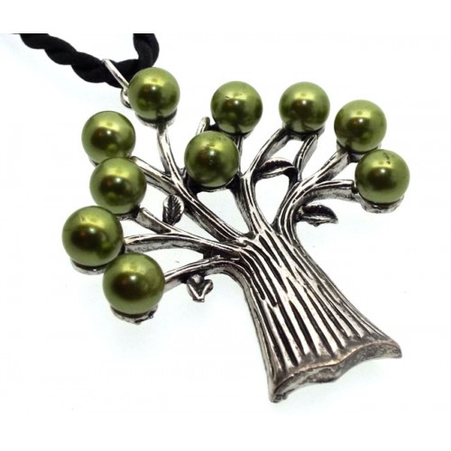 Metal and Green Faux Pearl Tree of Life Pendant